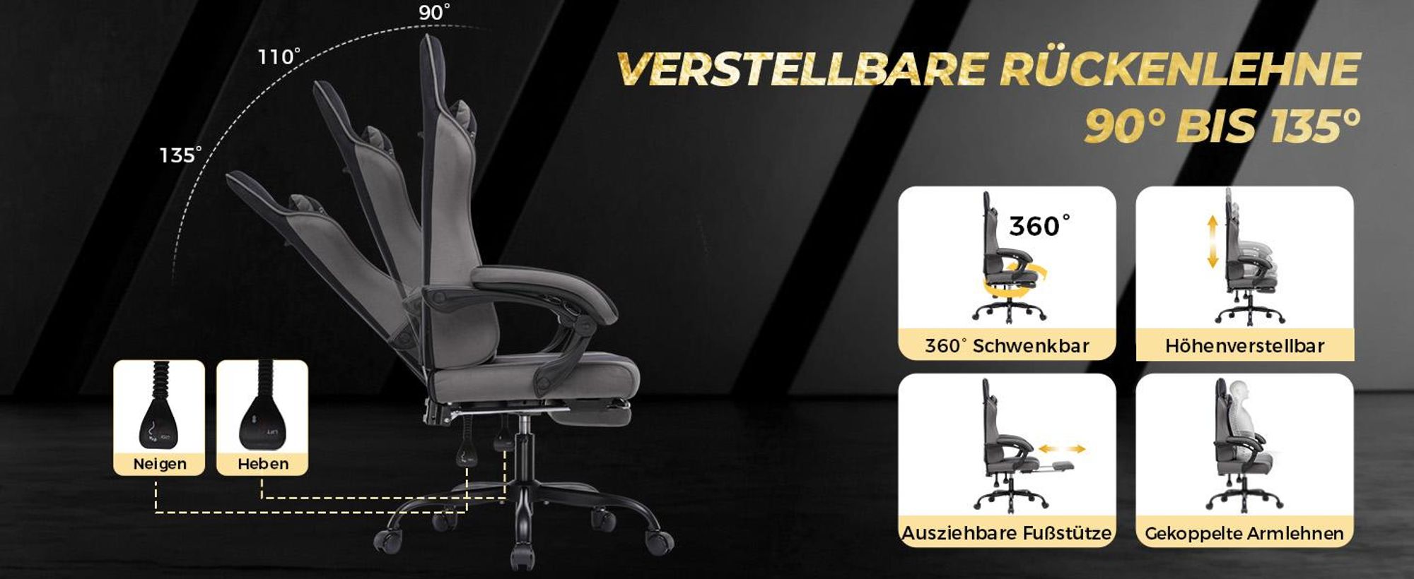 GTPLAYER Gaming Stuhl Ergonomischer Gaming Sessel Schreibtischstuhl mit Stoffoberfläche, Federsitzkissen, Verbindungsarmlehnen und Fußstütze 150KG, gr