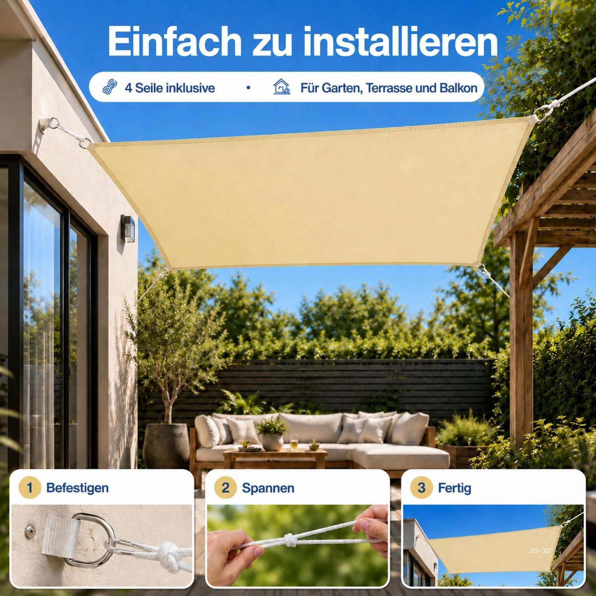 Sonnensegel 3x3m Viereckig, Beige Sonnensegel Wasserdicht Mit Ösen, 420D 95% Sonnenschutz UV Schutz Für Garten Balkon Terrasse