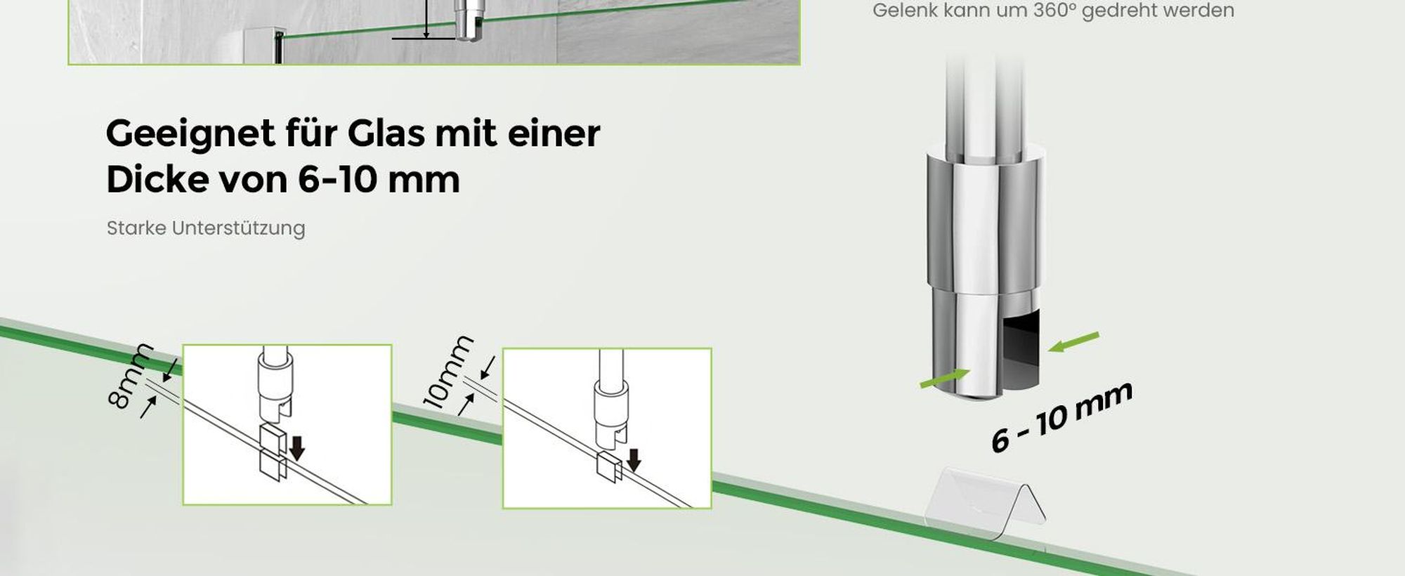 S'AFIELINA Dusch-Stabilisierungsstange aus Edelstahl, rund, verstellbar (Länge), für Glas 6–10 mm, auch für Decke, ideal für Duschabtrennungen,1 Stück