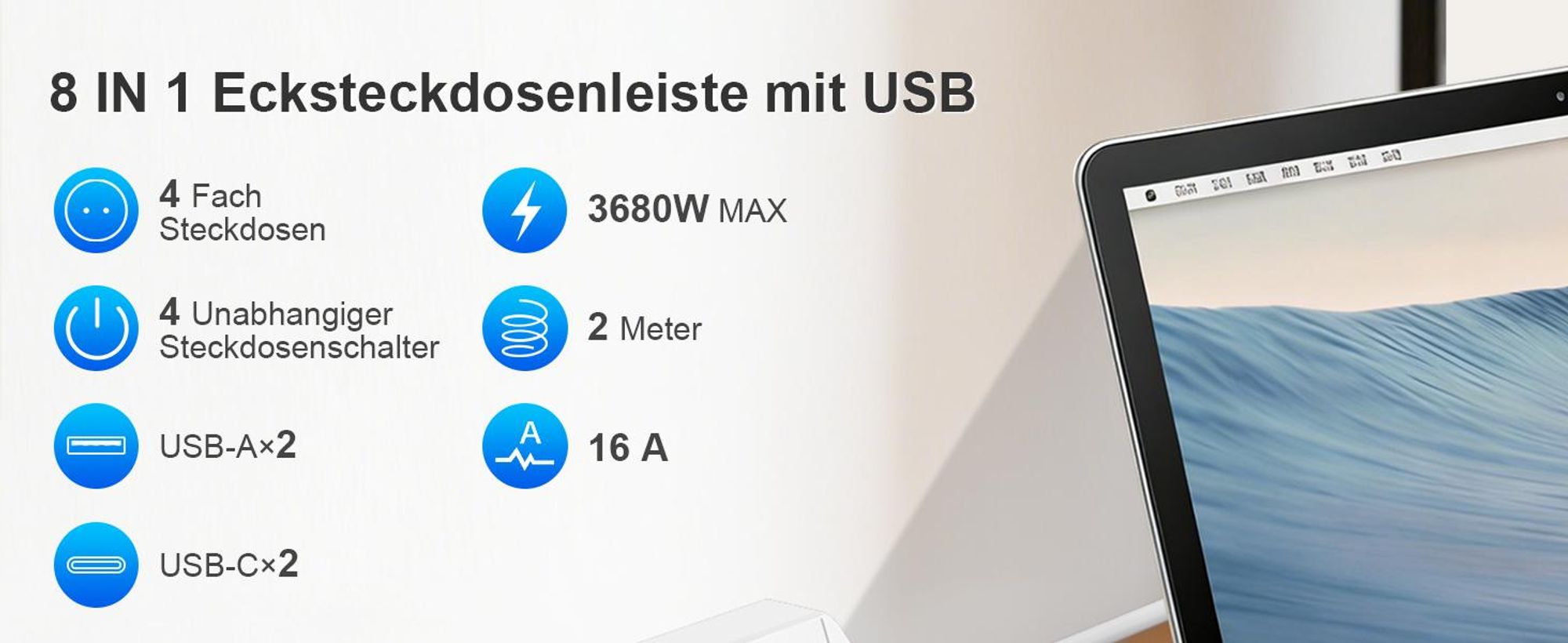 Steckdosenleiste, Steckdosenblock, Ecksteckdose, Mehrfachsteckdose, 4-fach Rund Mehrfachstecker, 4 USB (2 USB C), 2M Verlängerungskabel
