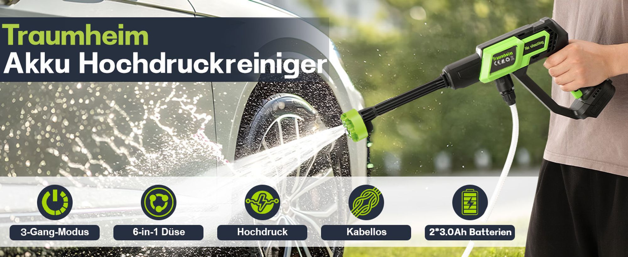 Akku Hochdruckreiniger mit 2 x 3000mAh Akkus, Tragbarer Hochdruckreiniger mit 3 Gang Einstellbar, KFZ-Reiniger - Für Auto Gärten Terrasse Zaun
