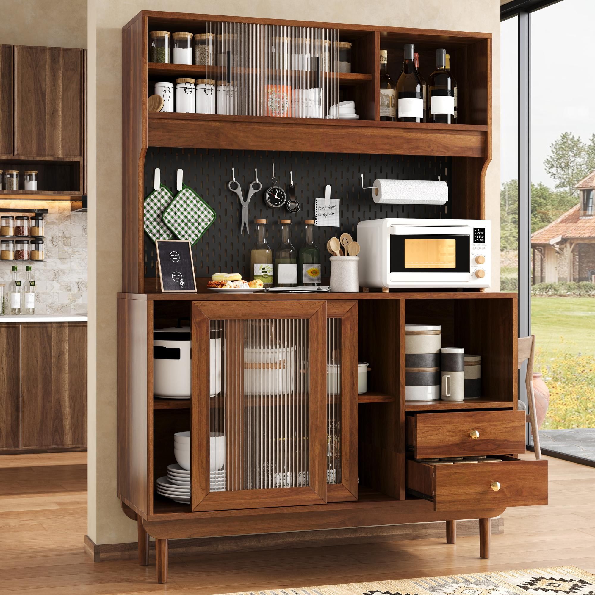 Merax Küchenschrank Buffet mit Riffelglas-Schiebetüren, Sideboard mit Schubladen, Hochschrank mit offenen Fächern, Lochplatten-Rückwand, Nussbaum
