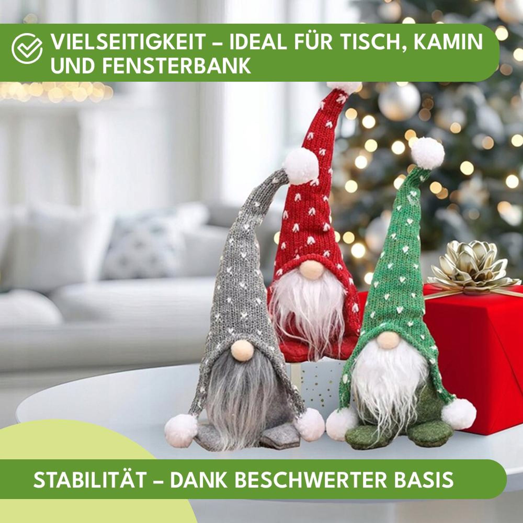 KRUMAD Weihnachtswichtel Set 3 Stück – 27 cm Dekofiguren in Rot, Grün & Grau – Skandinavische Weihnachtsdeko Figuren mit Gewicht – Festliche