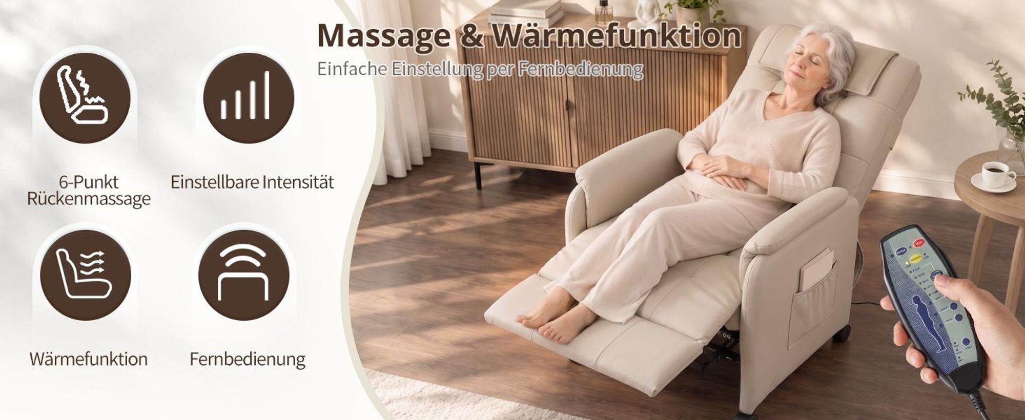 Elektrisch Massagesessel,Fernsehsessel Ruhesessel mit Massagefunktion, Wärmefunktion, 4 Rädern, Cremeweiß