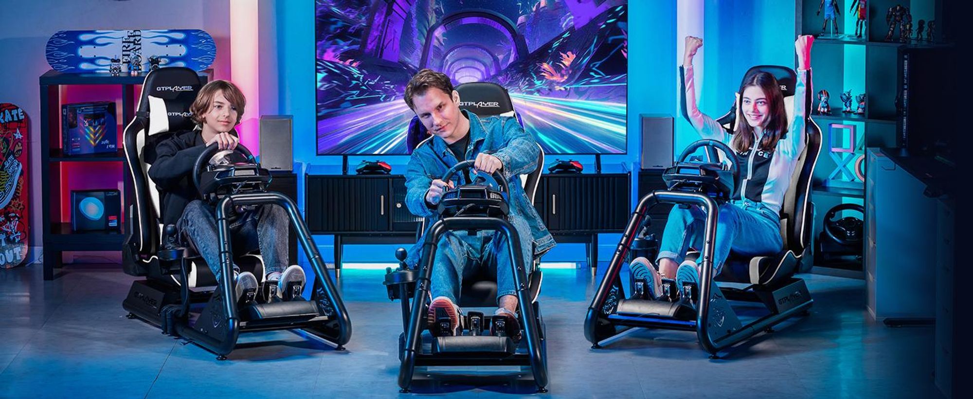 GTPLAYER Simulator Cockpit, SIM-racen cockpit, stuurstandaard voor race-simulators, gamingstoel, stuurstandaard met Bluetooth-luidspreker en pedaalhouder