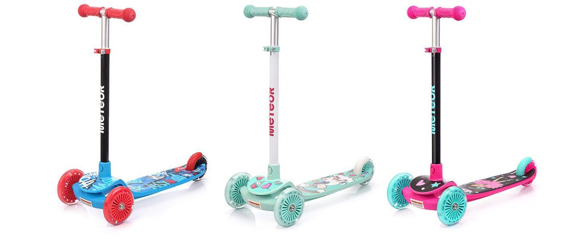 Dreirad-Kinderroller Meteor Funny – Bunte Leucht-LED-Räder, verstellbare Höhe, bis 50 kg, Mintgrün