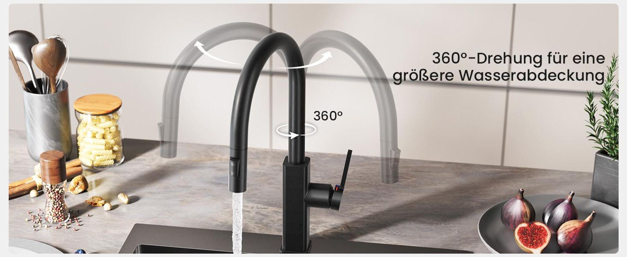 Ausziehbar Wasserhahn Küche Schwarz, 360° Drehbar Spültischarmatur, Cecipa Edelstahl Küchenarmatur, Einhandmischer, 2 Strahlarte  Wasserhahn Küche