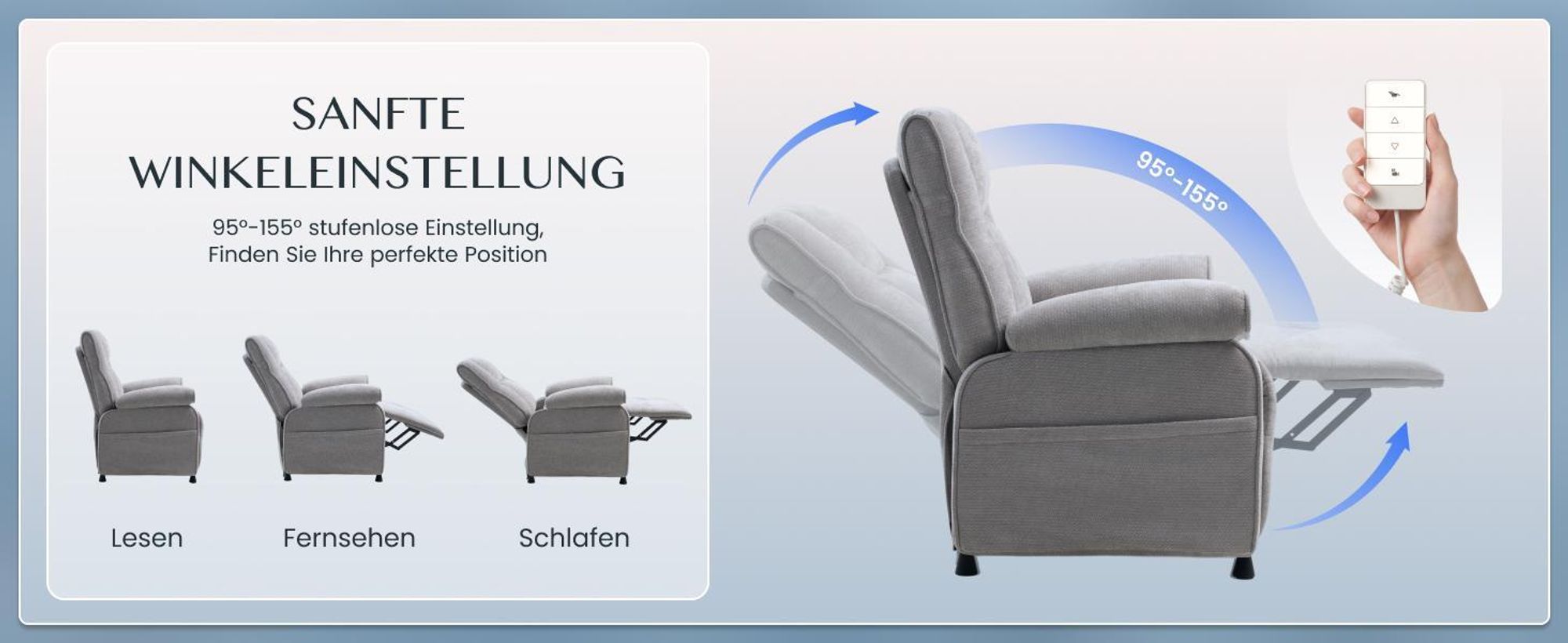 FLEXISPOT Elektrischer Relaxsessel mit Liegefunktion 105°–155° & Decke, Fernsehsessel mit Ein-Tasten-Verstellung, dick gepolstert, bis 150 kg, Grau
