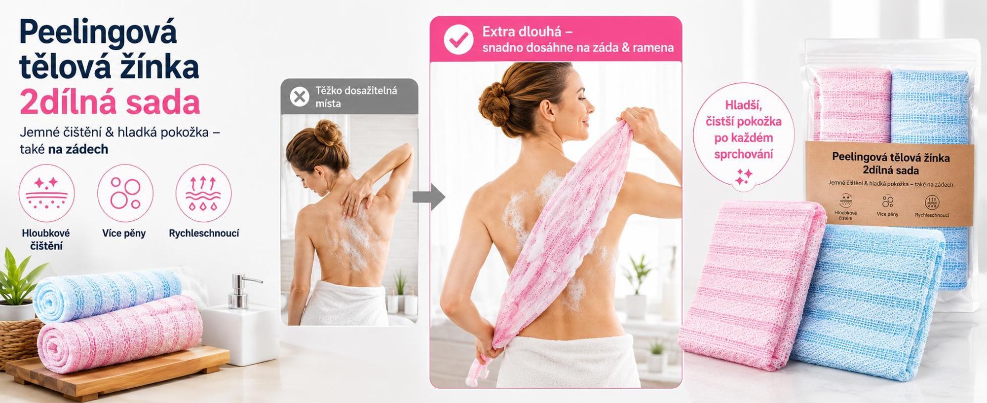 Sada 2 ks peelingových ručníků na tělo, 100 x 25 cm, peelingové ručníky z porézních nylonových vláken, peelingové osušky – EXFOLIOR