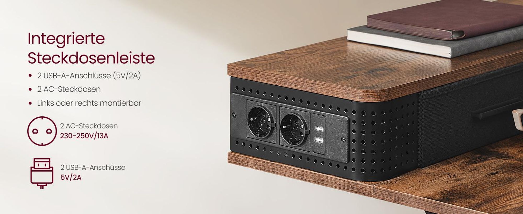 VASAGLE Höhenverstellbarer Schreibtisch elektrisch, 120 cm, stufenlos verstellbar, mit Steckdosenleiste, Haken, Memory-Funktion