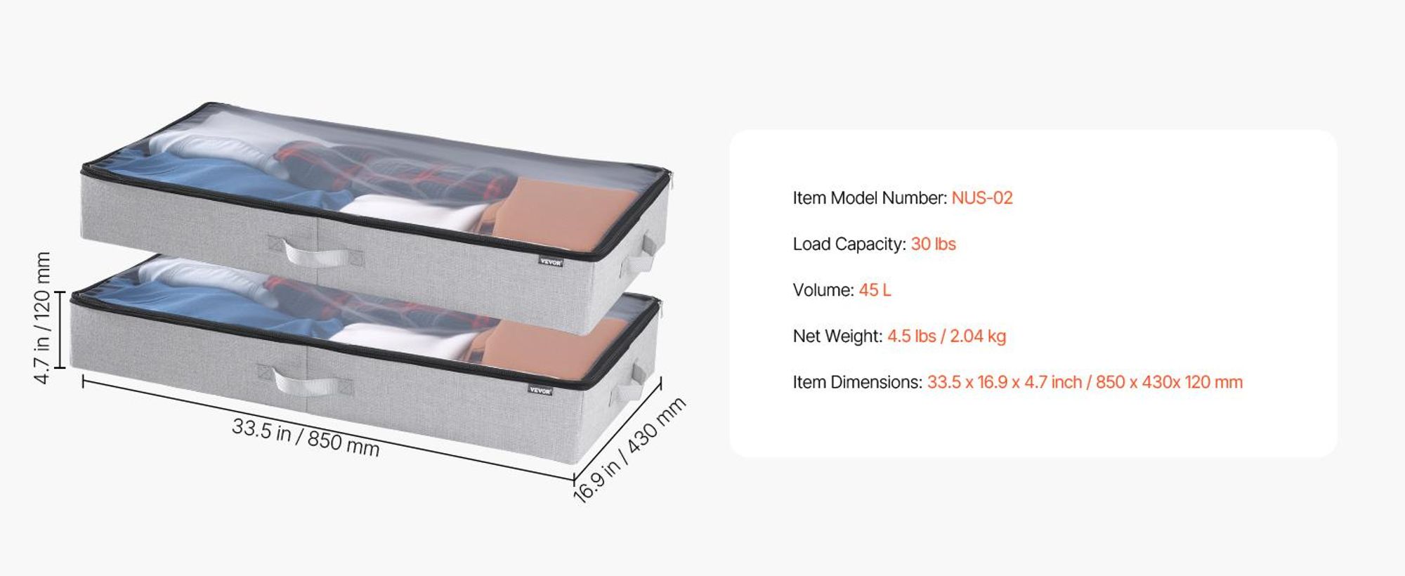 VEVOR Aufbewahrungstaschen unter dem Bett 2 Stück 45 L, Schuh-Organizer unter dem Bett mit transparenten Deckeln, Aufbewahrungsbox für Kleidung, Decken, Schlafzimmer, Zuhause