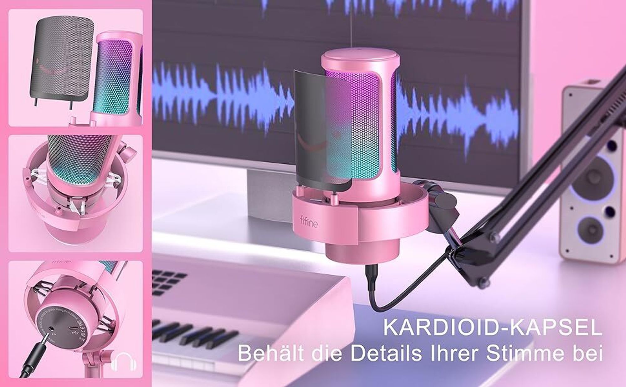 FIFINE Microphone USB set Podcast Studio PC Kondensator Gaming RGB-Steuerung, Stummschalter
