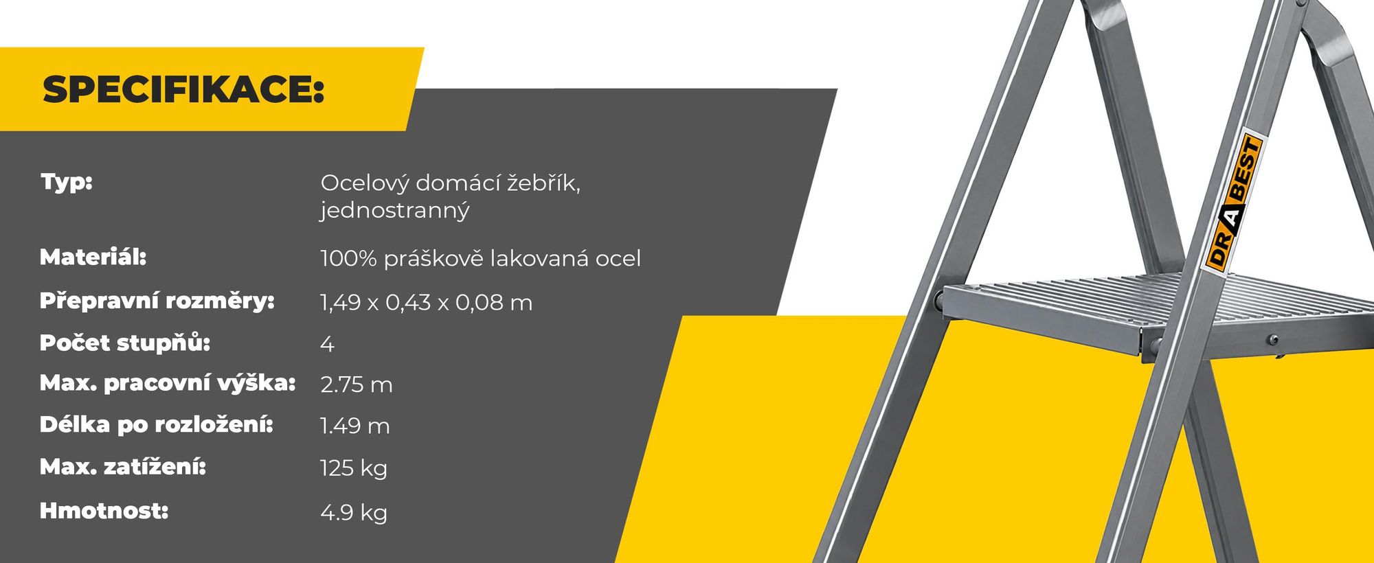 DRABEST | Ocelový žebřík - žebřík - domácí žebřík - žebřík 4 stupně - skládací žebřík - ocelový - univerzální - do 125 kg