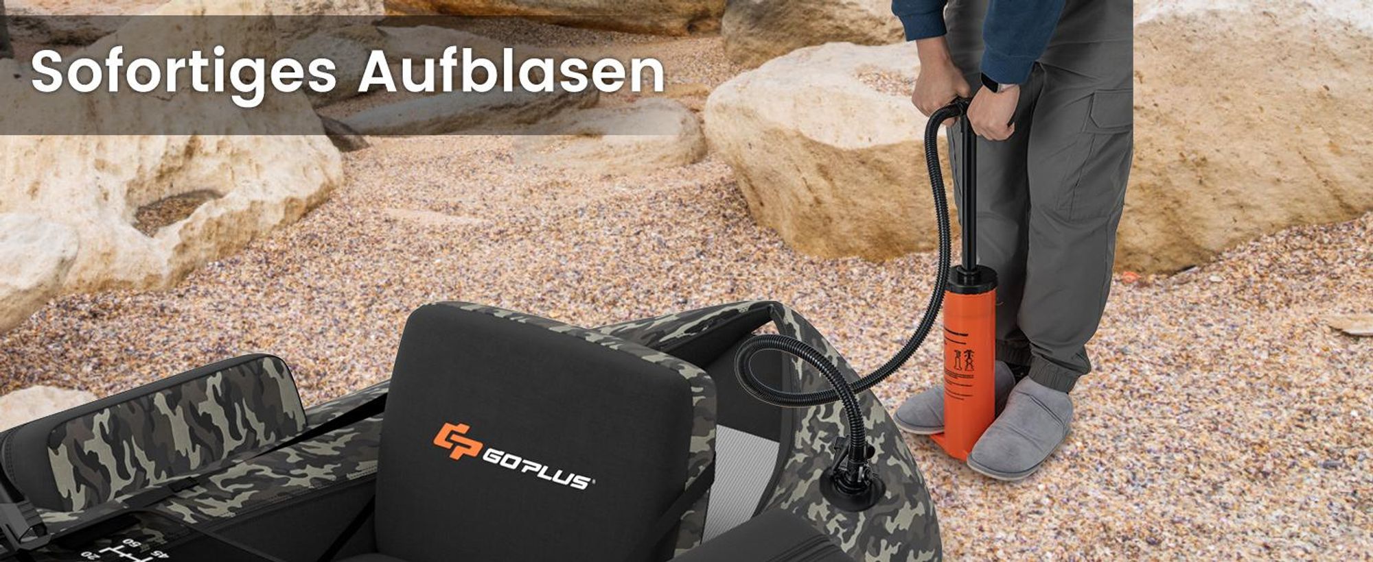 GOPLUS Bellyboot, Belly Boat bis 150 kg belastbar, aufblasbares Schlauchboot zum Angeln mit Alu Paddel, Pumpe,135 x 109 x 54 cm, Beige+Schwarz