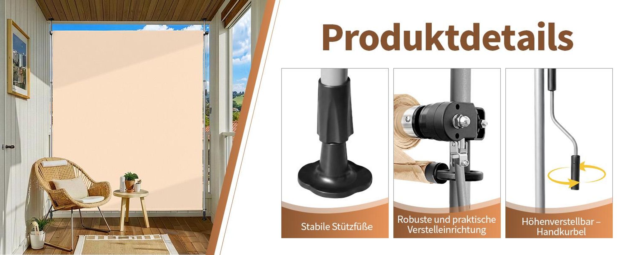 FCH Senkrechtmarkise Klemmmarkise 200x270x(210-310) cm Vertikalmarkise Balkonmarkise Sonnenmarkise Sonnenschutz, Sichtschutz, ausziehbar - Beige