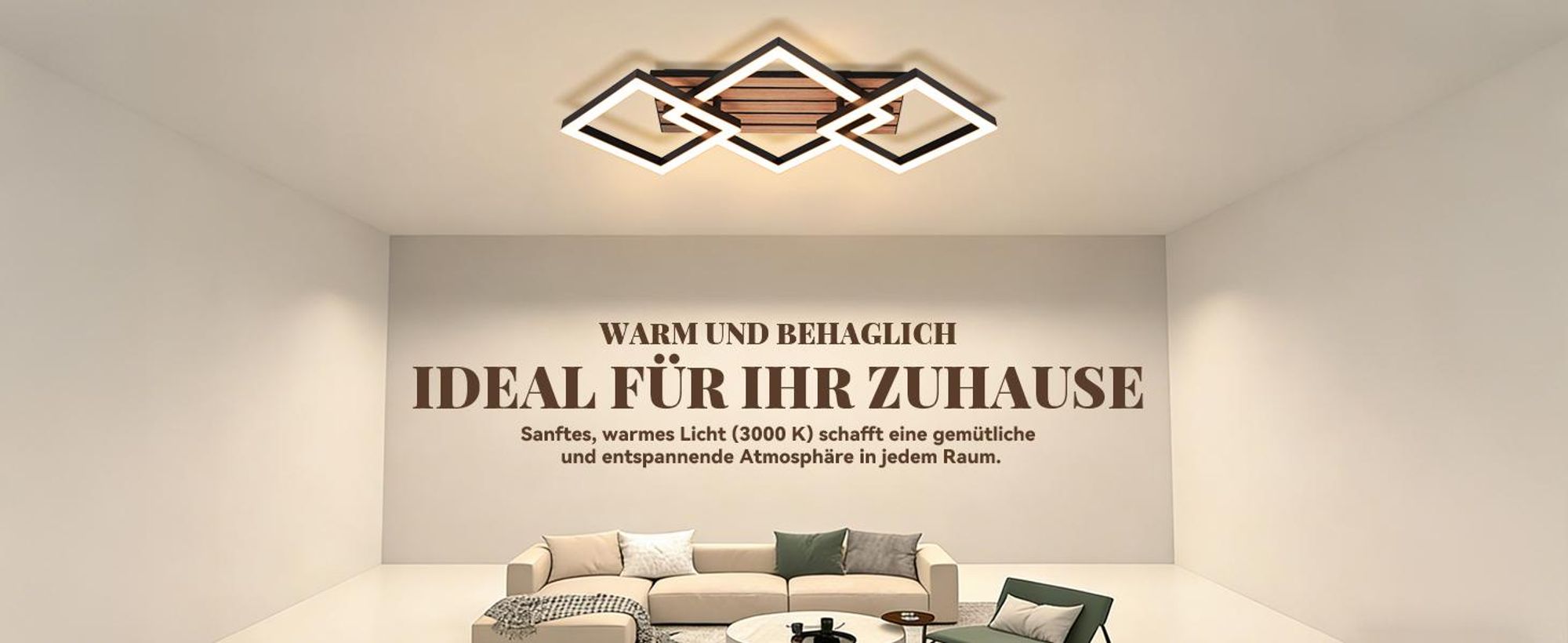 ZMH LED Deckenleuchte 58CM Schlafzimmer Deckenlampe Wohnzimmerlampe 3000K Eckig Wohnzimmer Holzoptik Küchenlampe für Esszimmer Arbeitszimmer Schwarz