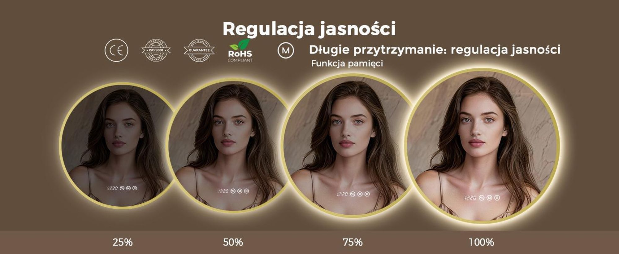 S'AFIELINA Lustro Łazienkowe LED 70 cm, Okrągłe, Złota Rama, 3 Barwy Światła, Regulacja Jasności, Antypara, Zegar, Wyświetlacz Temperatury