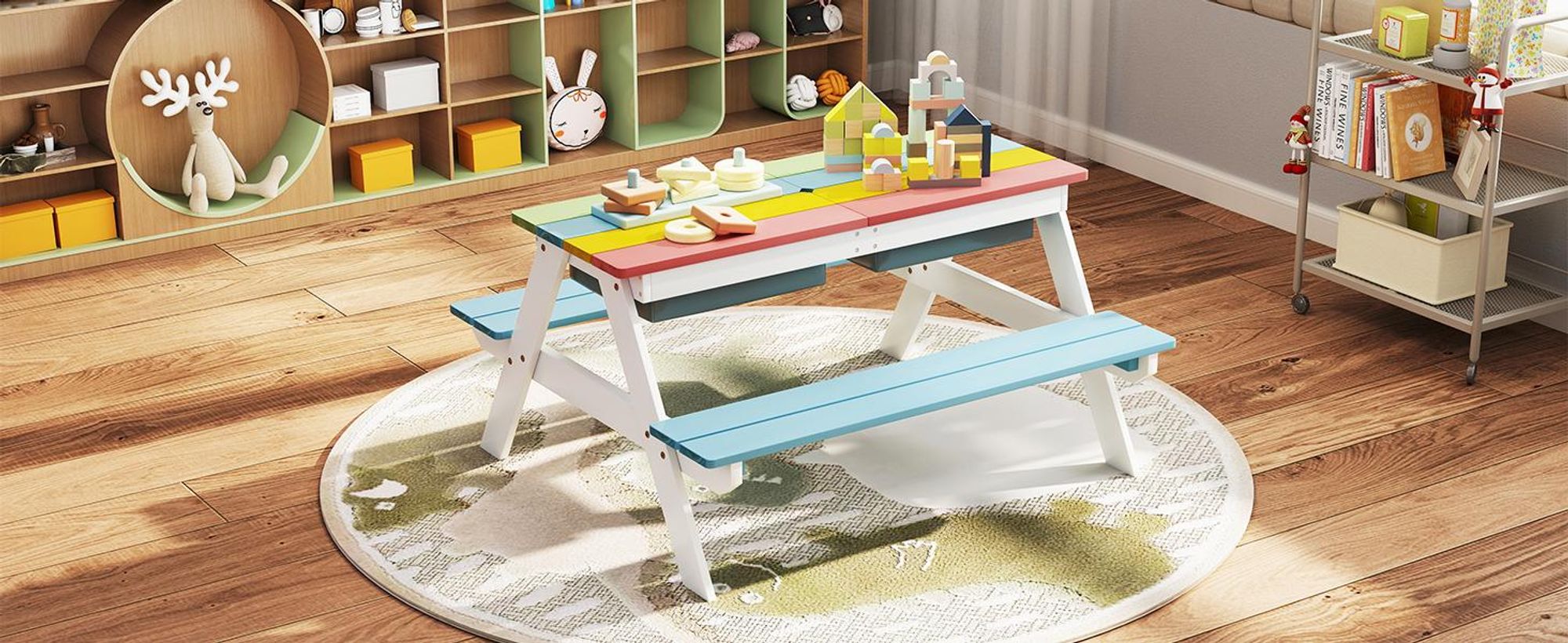 COSTWAY 3 in 1 Kinder Picknicktisch, Gartentisch mit Sonnenschirm & Bänke, Kindersitzgruppe aus Holz mit Tischplatte & 2 Spielboxen, Weiß+Blau