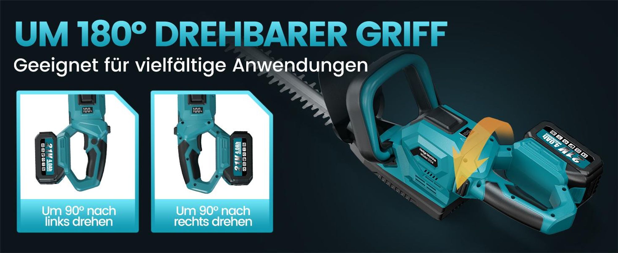 Akku Heckenschere 21V 1000W Brushless Motor 53cm Heckenschere mit 2 Akkus 4000mAh Akkustandsanzeige 180° Griff Garten