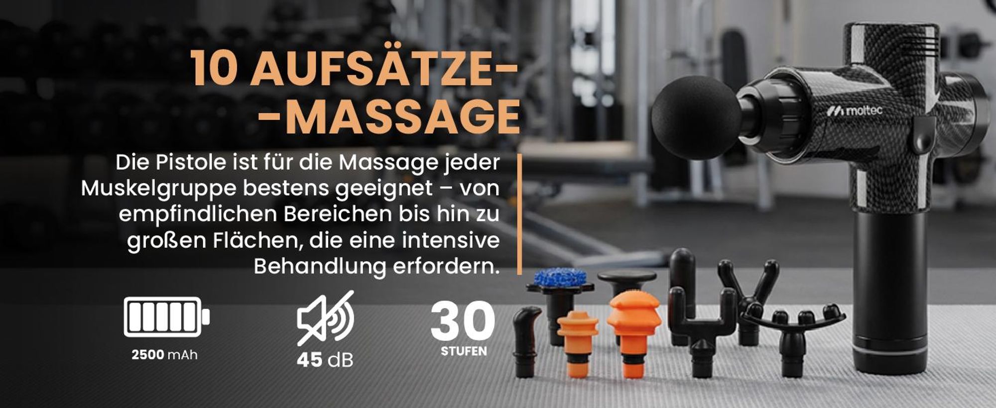 Massagepistole mit 10 Aufsätzen und großem Akku