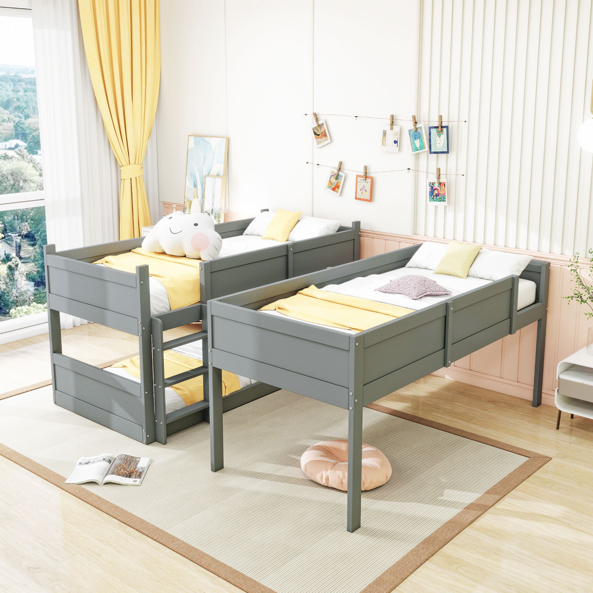 Merax Etagenbett 90x200cm Dreifachbett mit Lattenrost, Hochbett mit Rausfallschutz, Holzbett Abnehmbares Dreifachbett Jugendbett, Grau