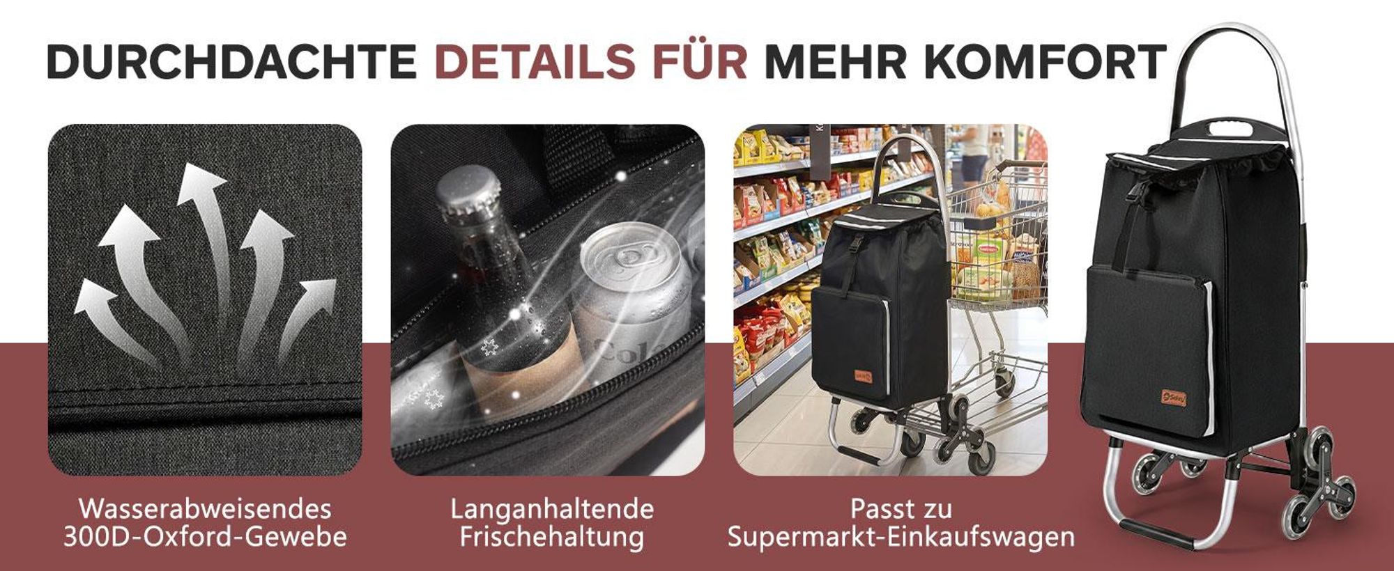 Sekey 3in1 Aluminium Trolley Faltbar Einkaufstrolley Klappbar, Shopping Trolley, 50L Rucksack, Kühlfach, Treppensteiger - Schwarz