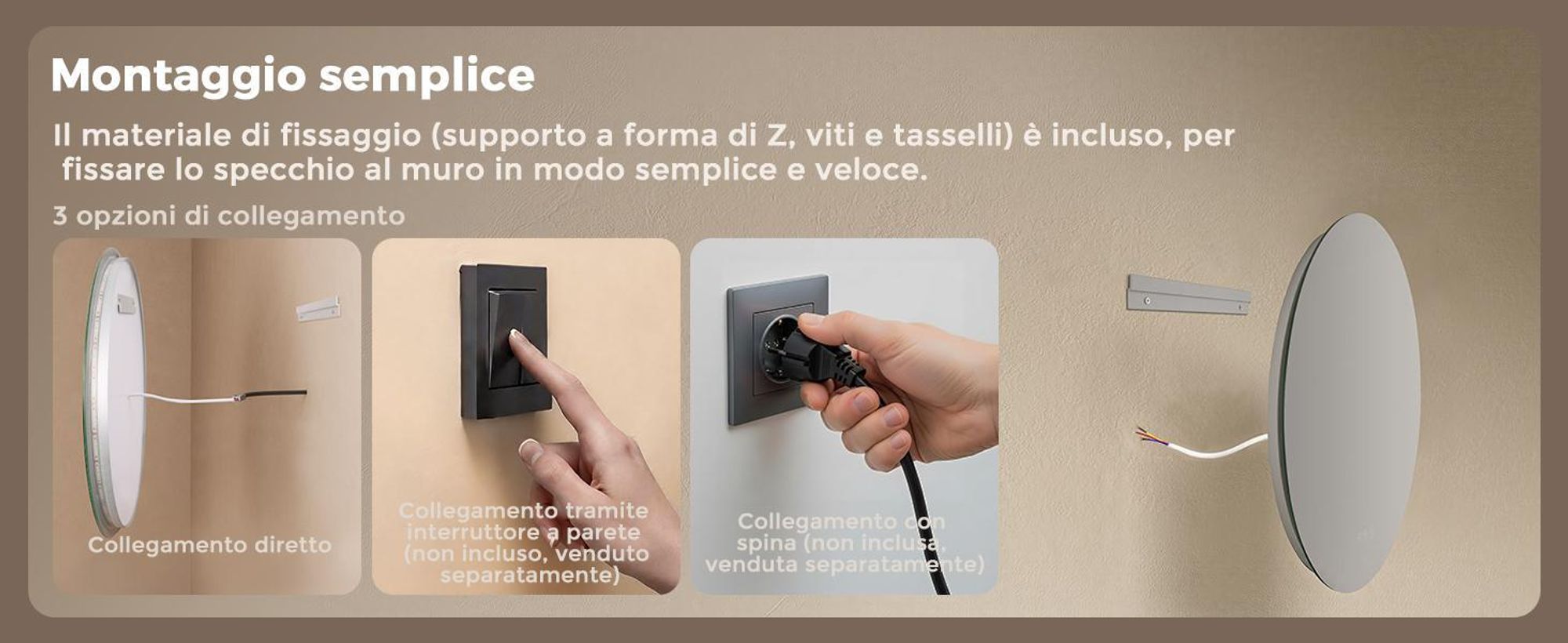 Specchio da bagno con illuminazione, rotondo, 80 cm, S'AFIELINA LED, intensità regolabile, 3 tonalità di luce, antiappannamento, comando touch, funzione di memorizzazione, IP65, impermeabile per il bagno