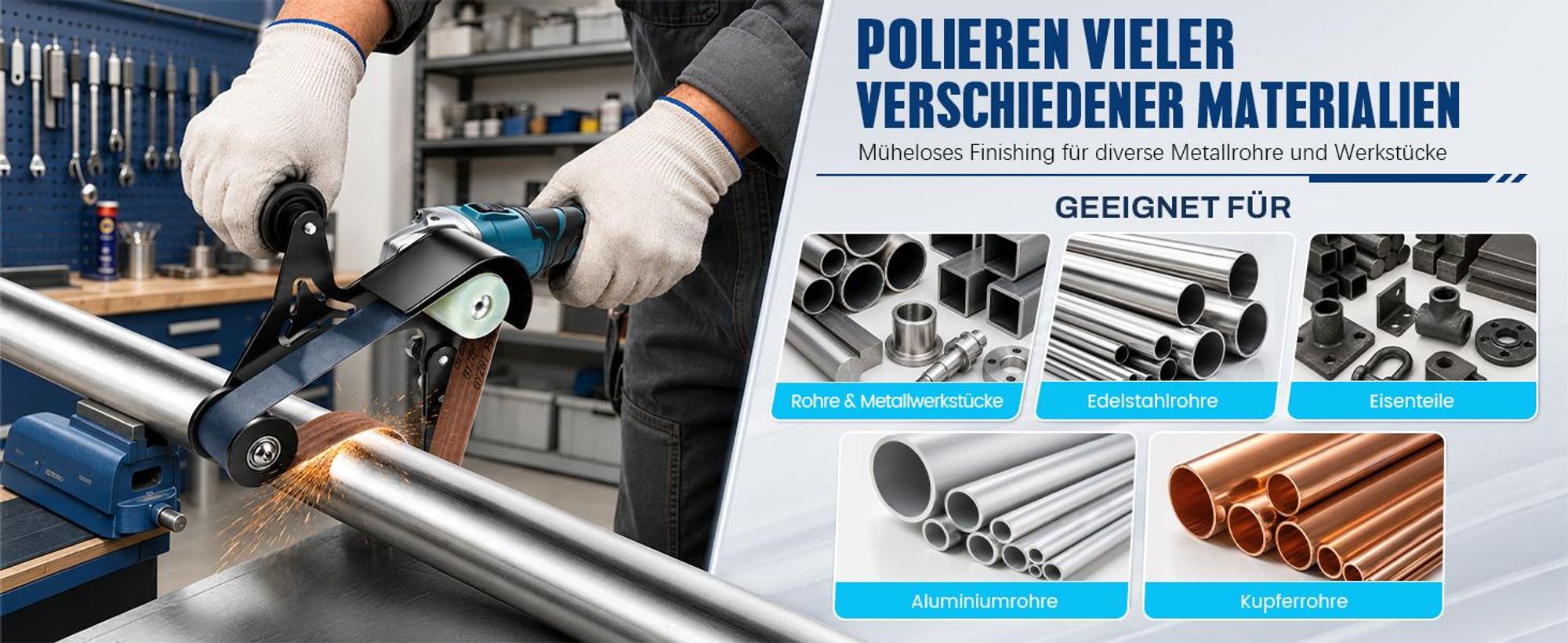1200W 3-in-1 Akku Rohr-Bandschleifer mit 2×4000mAh Akku, 3Gang 9000U/min, 240° Rohrschleifer Bandschleifer zum Polieren Veredeln Entrosten von Rohren