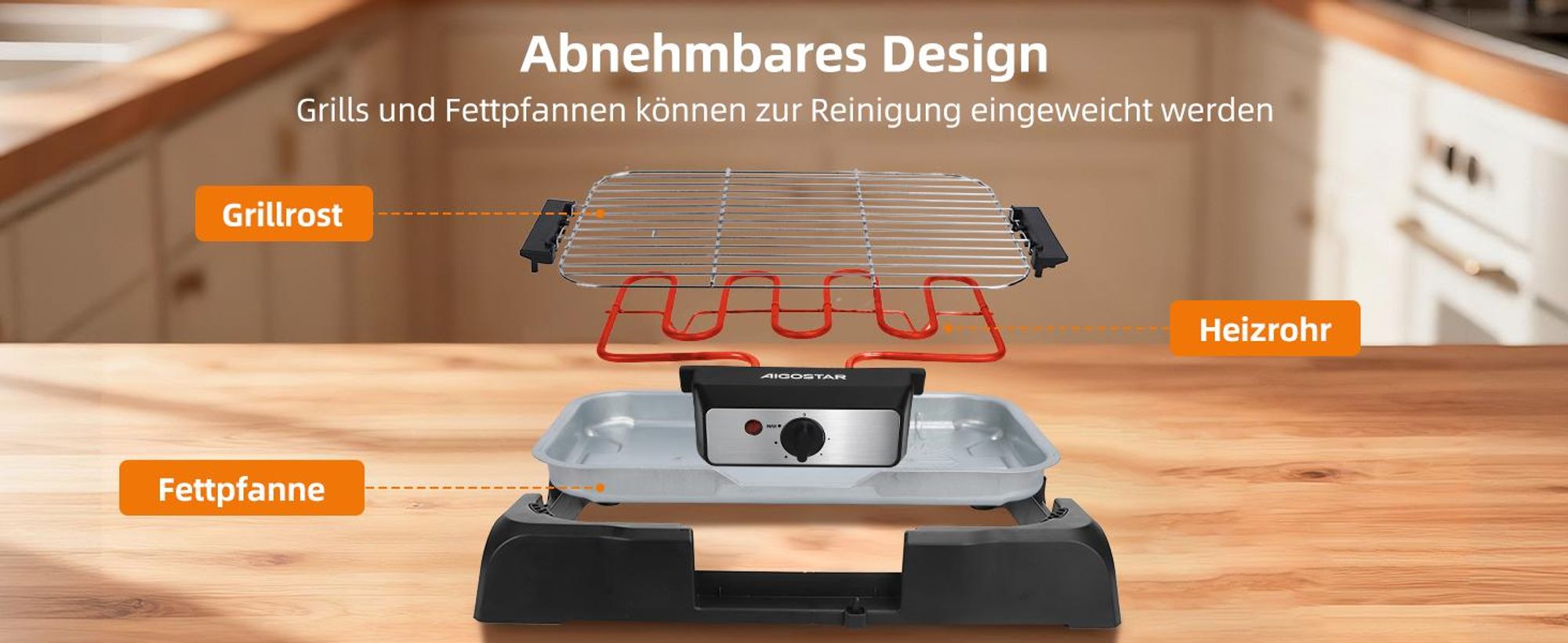 Aigostar - Rauchfreier Tischgrill Barbecue Elektrogrill Elektrischer, Antihaftbeschichtete Grillfläche , Abnehmbarer Fettauffangschale, 2000W