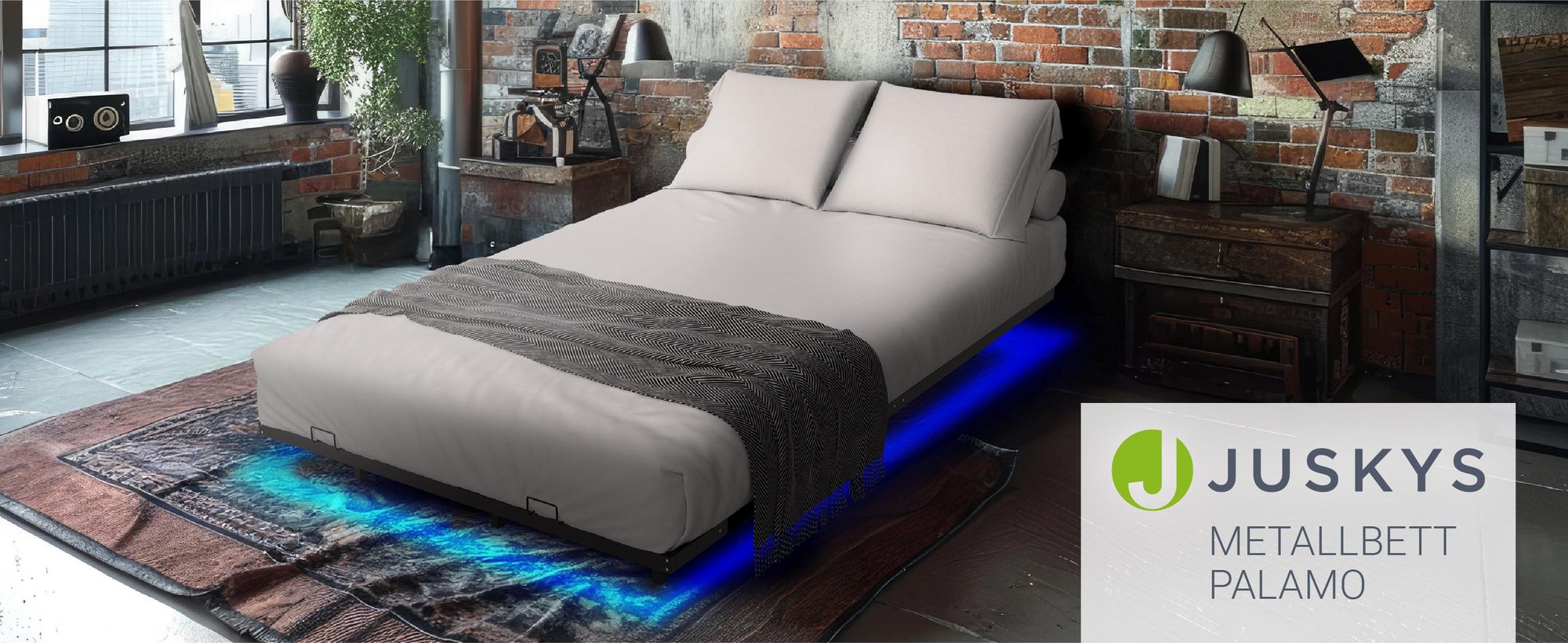 Juskys Metallbett Palamos 140x200 cm mit Lattenrost & LED - Schwebebett - Schwarz
