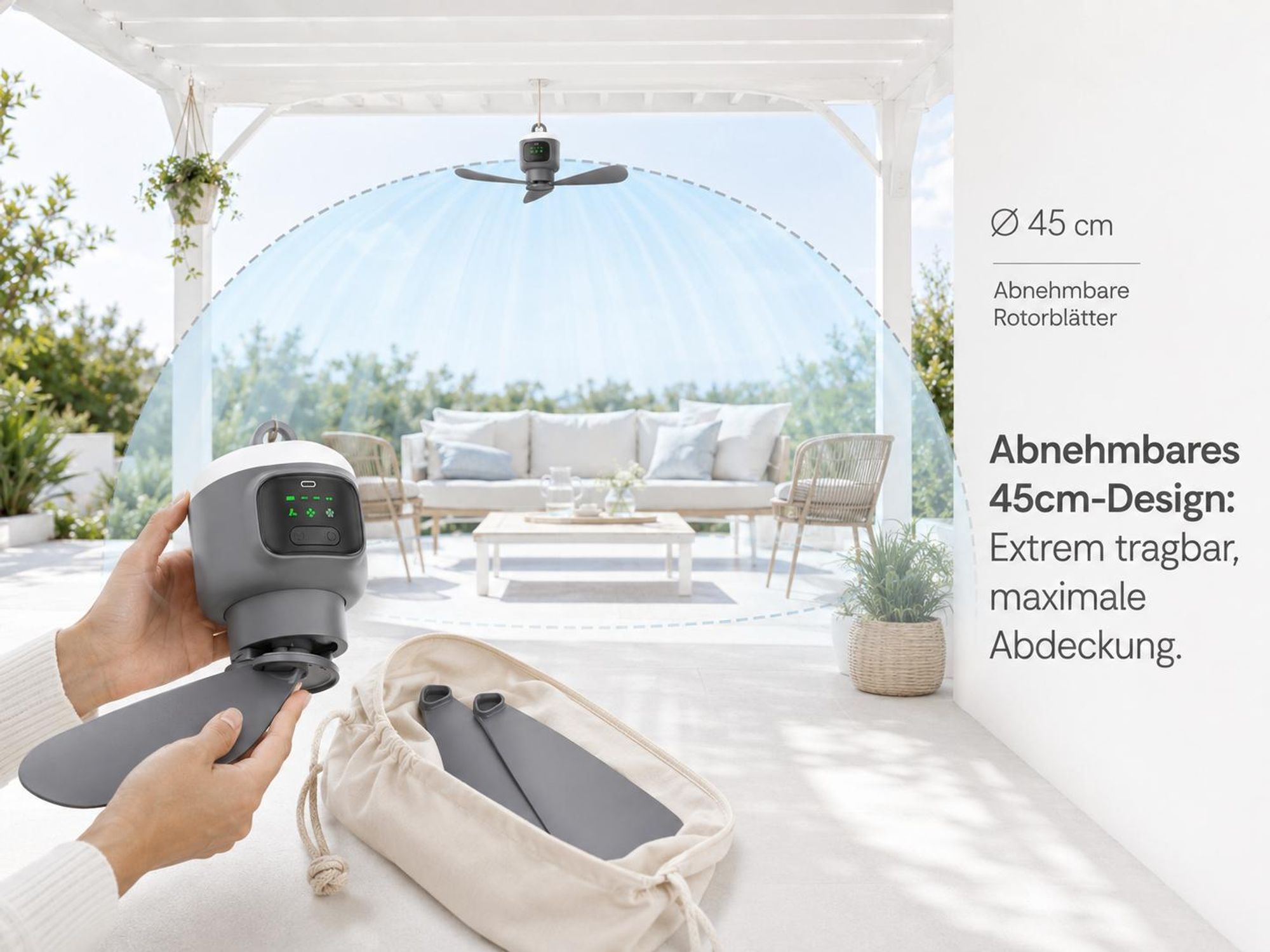 XL Ø45cm Camping Ventilator mit Licht, Akku 12000mAh, USB-C aufladbar, Deckenventilator mit Fernbedienung & Timer, Starke Brise für Zelt Pavillon RV