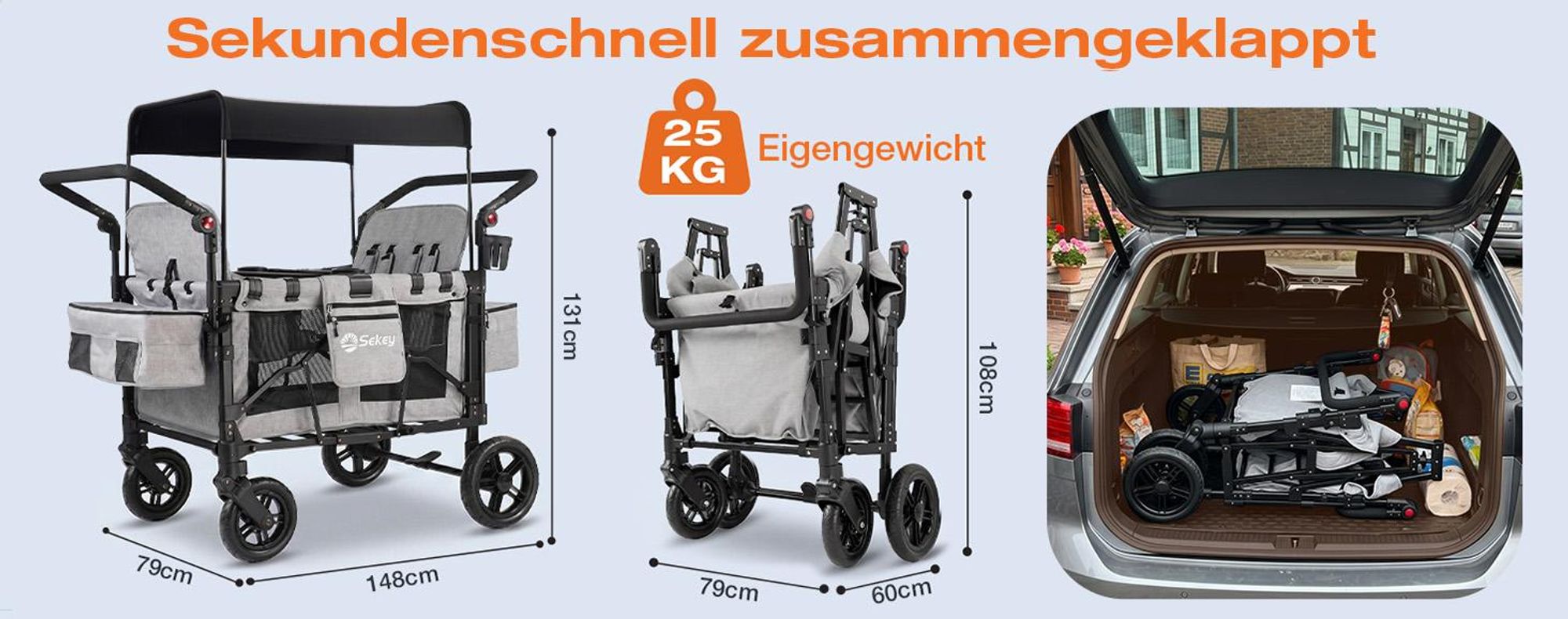 Sekey Faltbarer Bollerwagen mit Dach, Kinderwagen für 2-4 Kinder, 4 Sitzer Zwillingskinderwagen mit 4 integrierten 5-Punkt-Gurtsystem, Grau