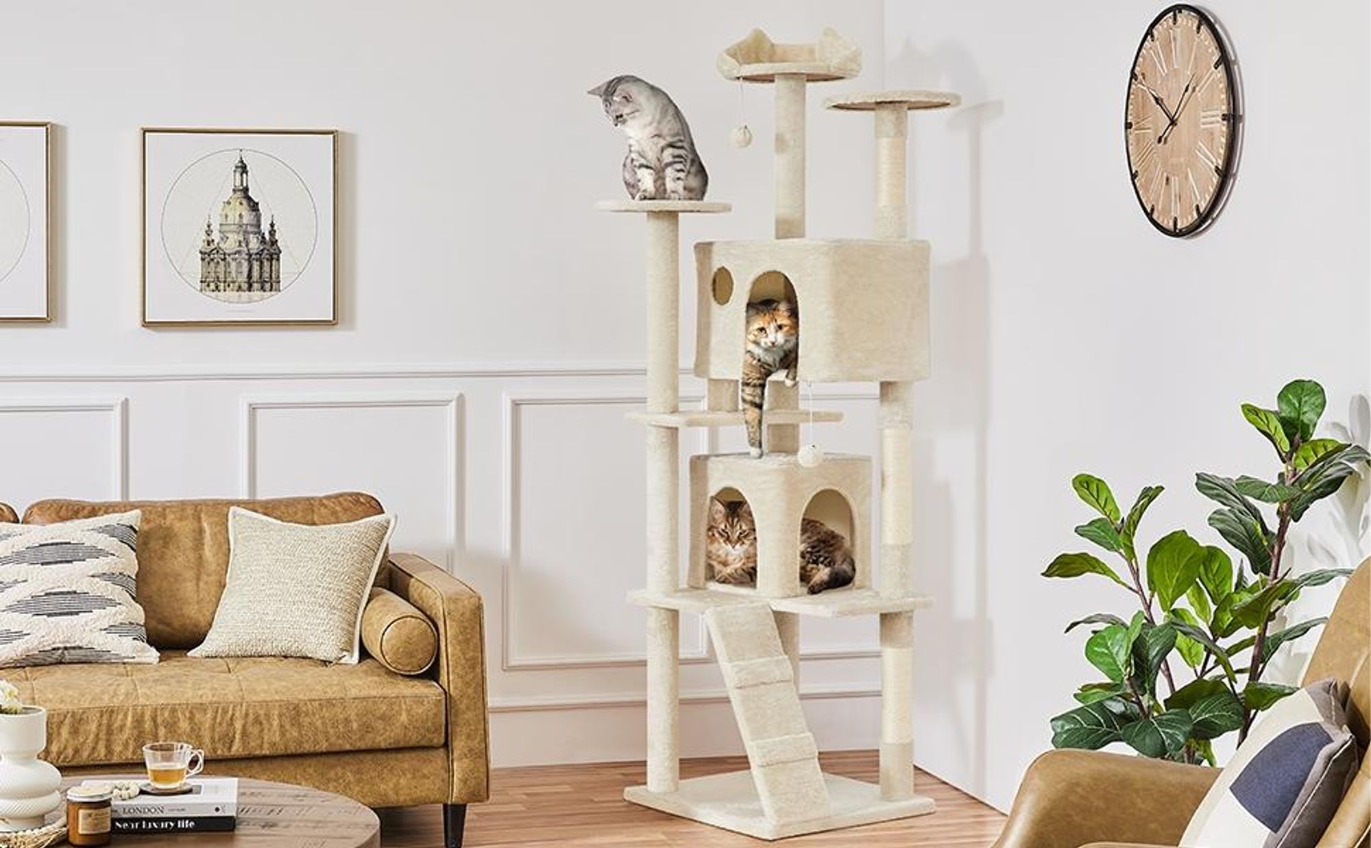 Yaheetech XXL Kratzbaum, 202,5 cm, mehrstufig, mit 3 Sisalstämmen, 3 Aussichtsplattformen, 2 Katzenhöhlen & 2 Plüschbällen, Beige