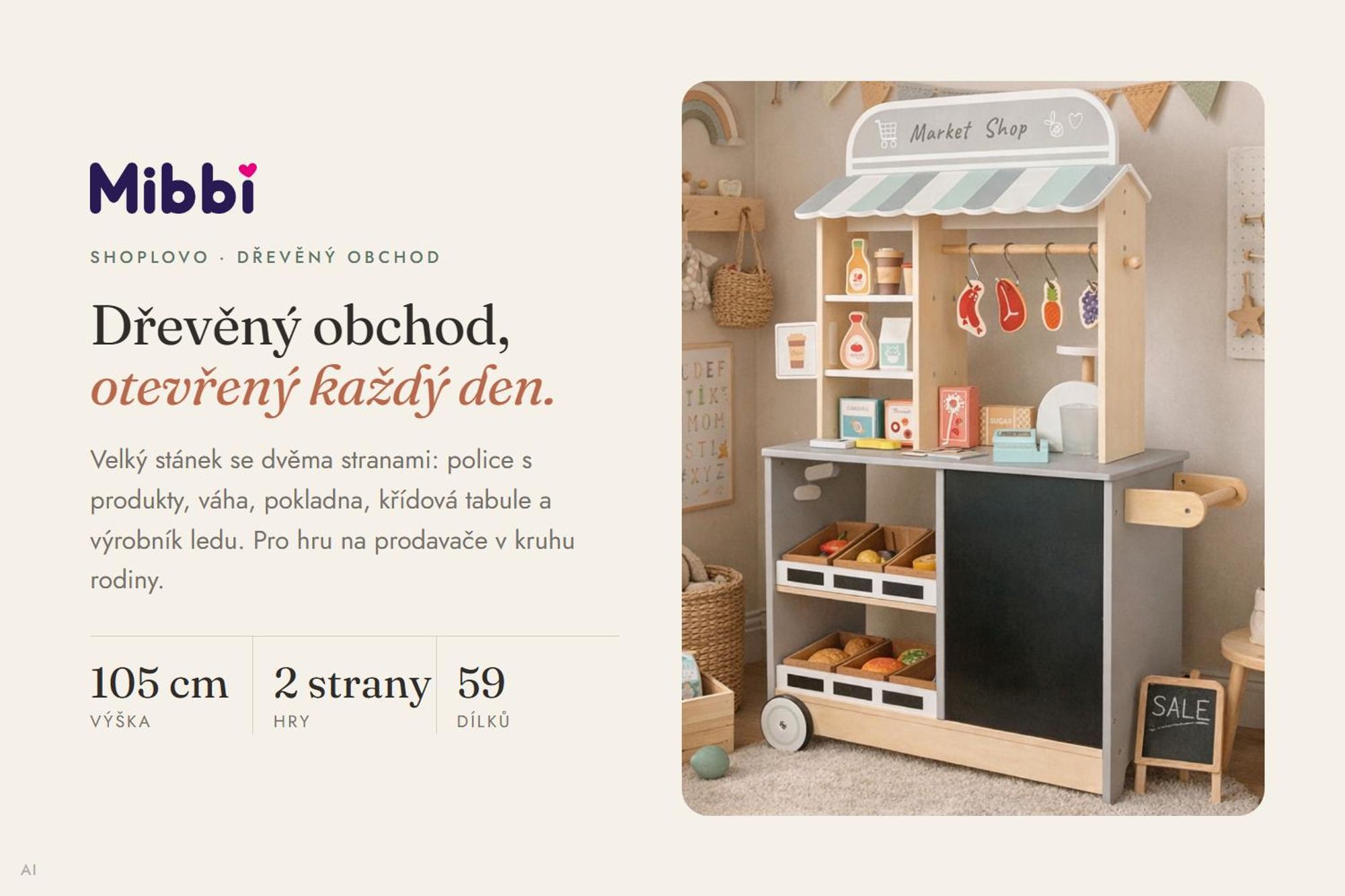 Velký dřevěný obchod pro děti – stánek s potravinami a příslušenstvím (59 dílů), supermarket XXL