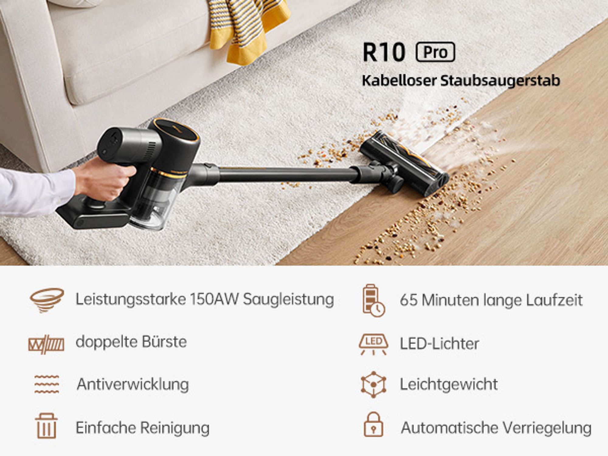 Dreame R10 Pro Akku-Staubsauger,150AW Starke Saugleistung,0-Tangle Handstaubsauger,65Min,Mehrflächenbürste,LED-Lichter,für Haus- und Autoreinigung