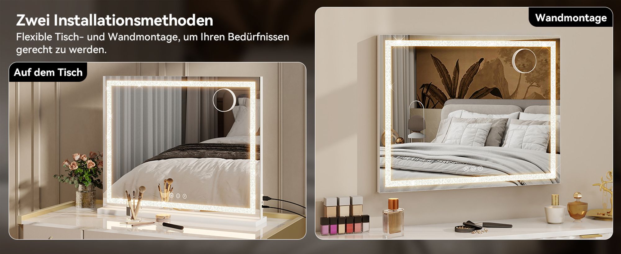 Puluomis Kosmetikspiegel 70x55 cm dimmbar mit LED Diamanten Design, 3 Farben Hollywood Spiegel, Schminkspiegel  USB Type C Tischspiegel Wandspiegel