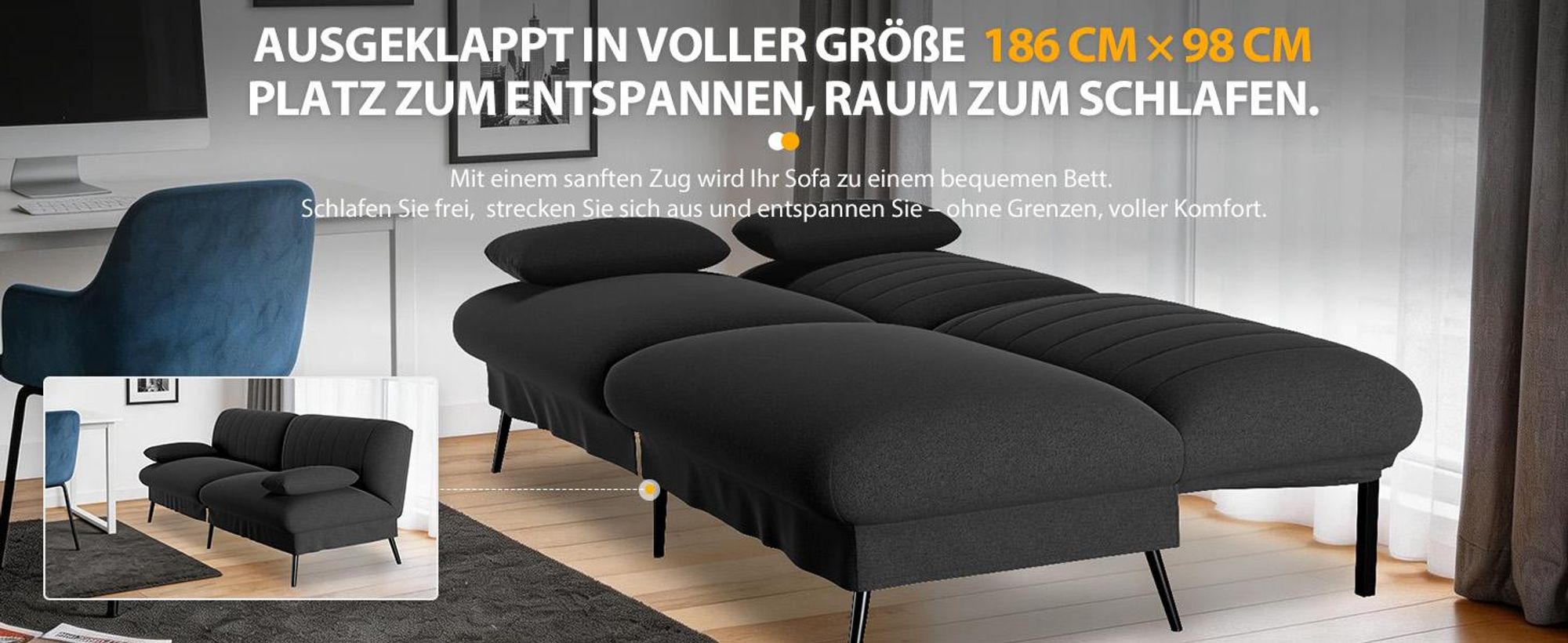COMHOMA Klappbares Schlafsofa mit Schlaffunktion - 2-in-1 Couch, Multifunktionales Schlafsofa mit Großer Liegefläche, Platzsparendes Bettsofa Schwarz