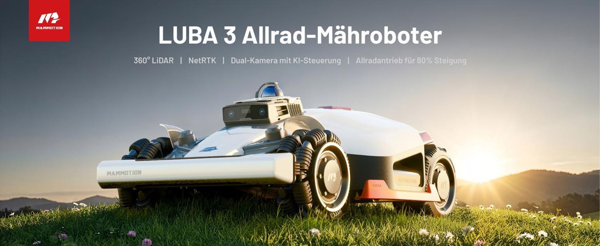 Mähroboter Mammotion LUBA 3 AWD 3000 mit Garage, ohne Kabel, für bis zu 3000 m², 360° LiDAR+NetRTK+KI Vision, 80% Steigung, Auto-Kartierung, 4G, APP
