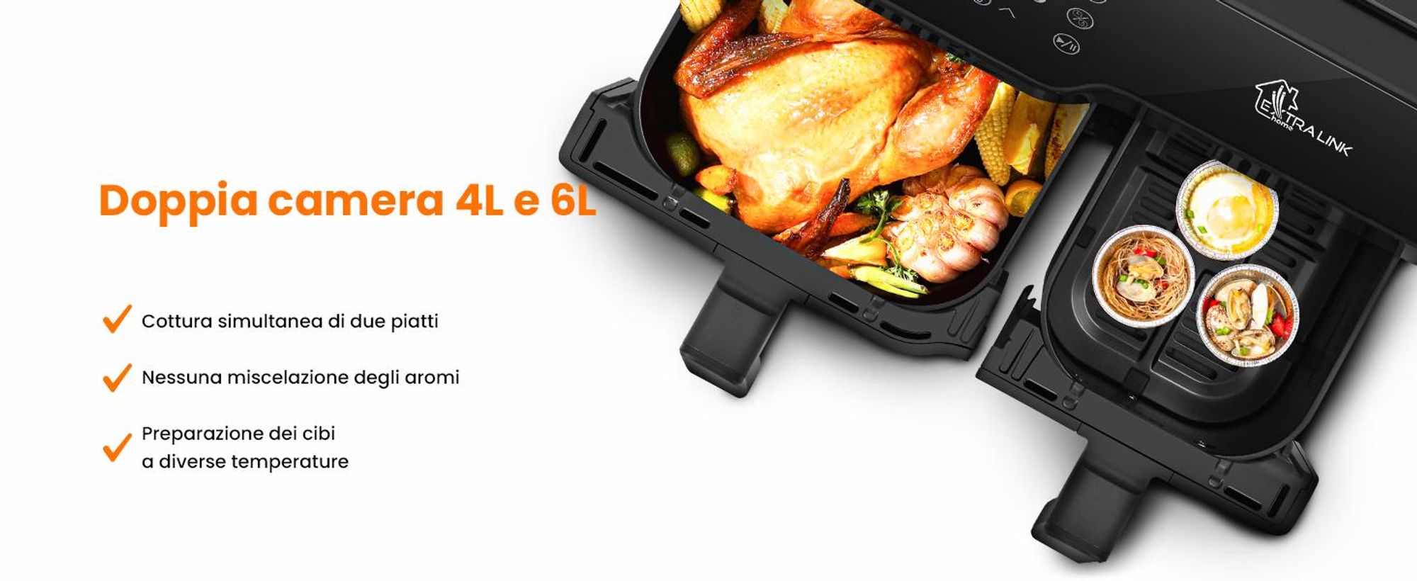 Extralink Air Fryer SJ-1000 10 L (6 L + 4 L), 2500 W, Dual Basket, friggitrice ad aria calda