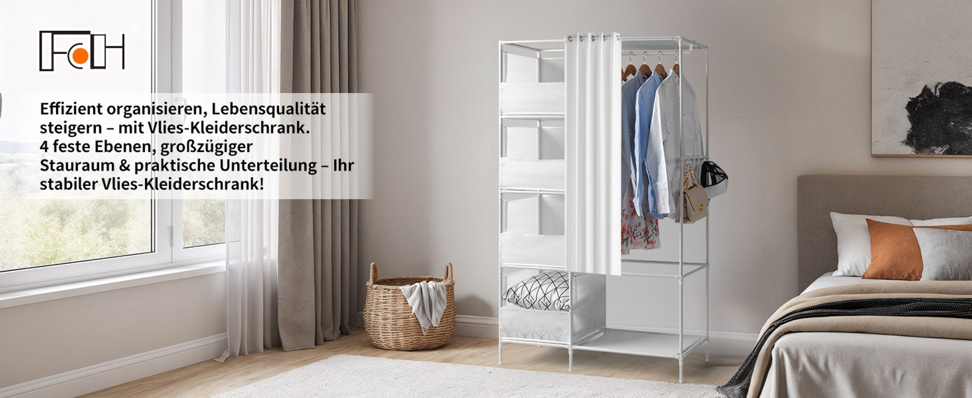 Stoffschrank Kleiderschrank, Kleiderstange und Ablagen，4-layer Doppelreihe, hochbeinig, Vorhang, 105*45*170cm，Weiß