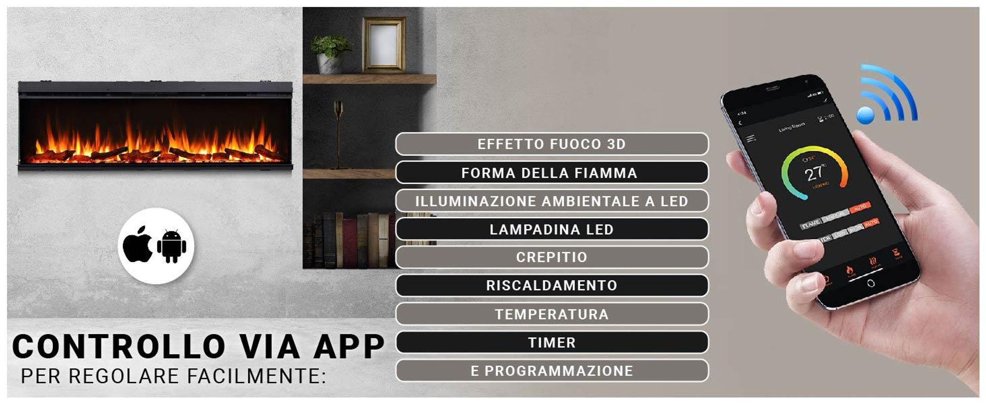 Camino elettrico BALDERIA Athena smart 60 - Camino da incasso - Nero