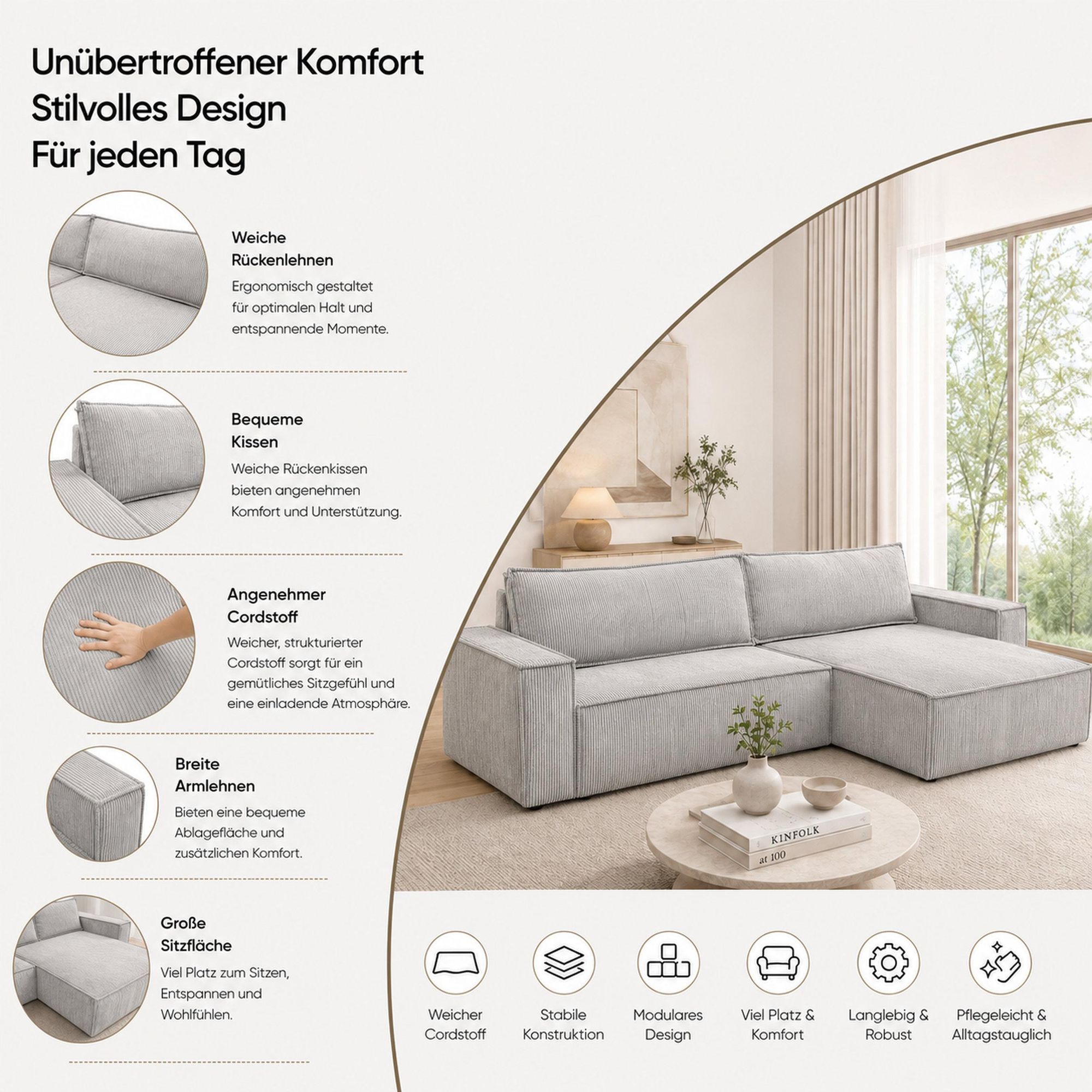 VENASI HUGO XL Ecksofa mit Schlaffunktion und Bettkasten Cord Schlafsofa Eckcouch Sofa BLAU