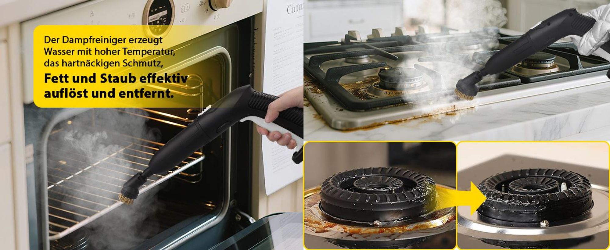 Dampfreiniger 2000W, 5 bar Dampfdruck, 2L Tank, ca. 5-8 Min. Aufheizzeit, bis 160℃, 19 Zubehör, Dampfbesen für Teppiche, Fenster, Glas und Vorhänge