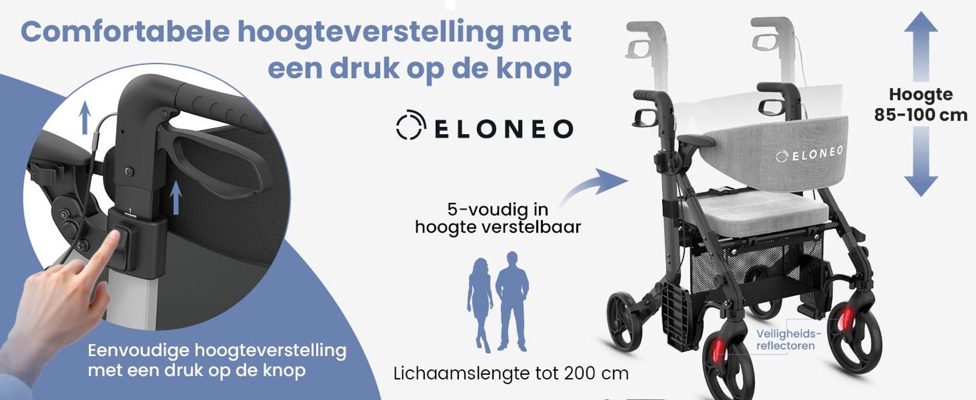 ELONEO 2-in-1 rolstoel/rolator, opvouwbaar en lichtgewicht met zitplaats, outdoor rolstoel/rolator, opvouwbaar, aluminium loophulpmiddel voor senioren - zwart