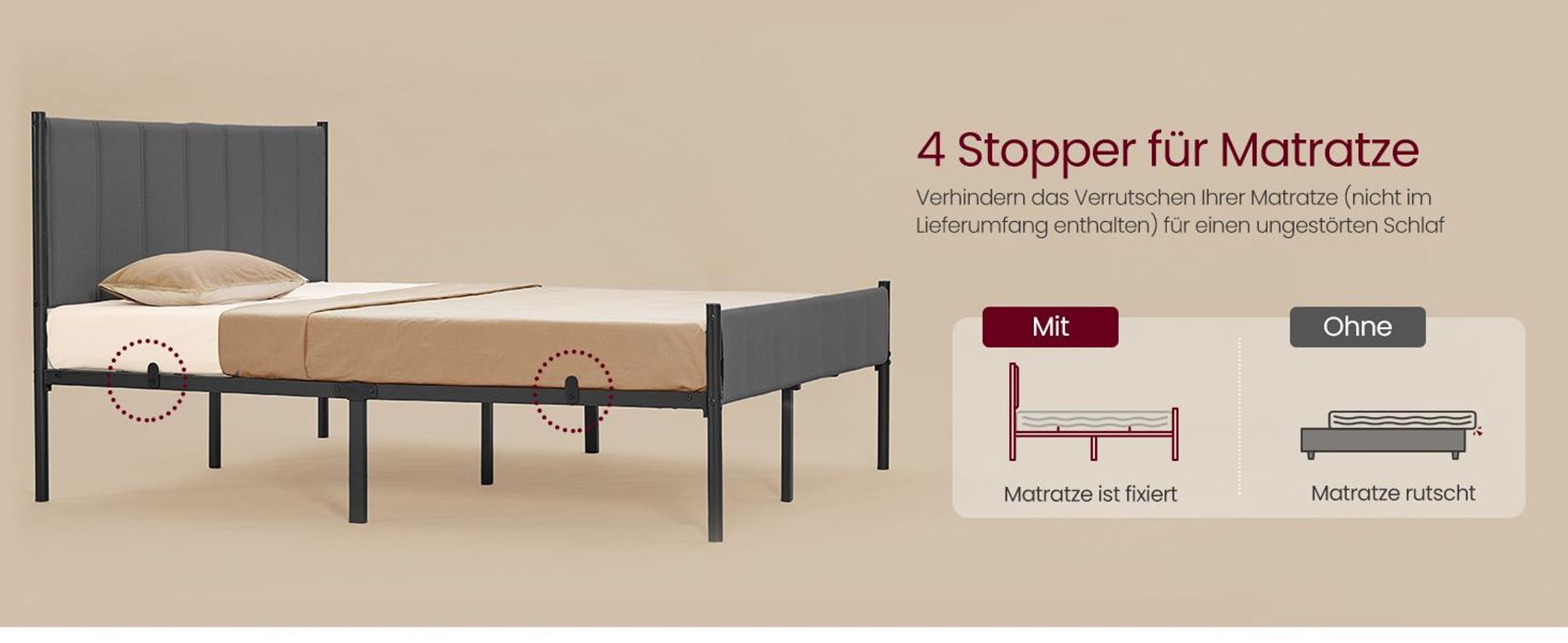 VASAGLE Doppelbett, Bettgestell, 140 x 200 cm, mit gepolstertem Kopfteil, Bettrahmen, Stahl, trägt bis zu 500 kg, grau
