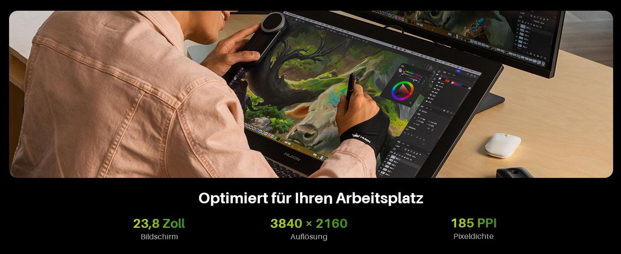HUION Kamvas Pro 24 Gen 3 Grafiktablett mit Display, 23,8" 4K-UHD-Zeichenmonitor, neues PenTech 4.0,16384 Druckstufen mit Zwei Batterielosen Stiften