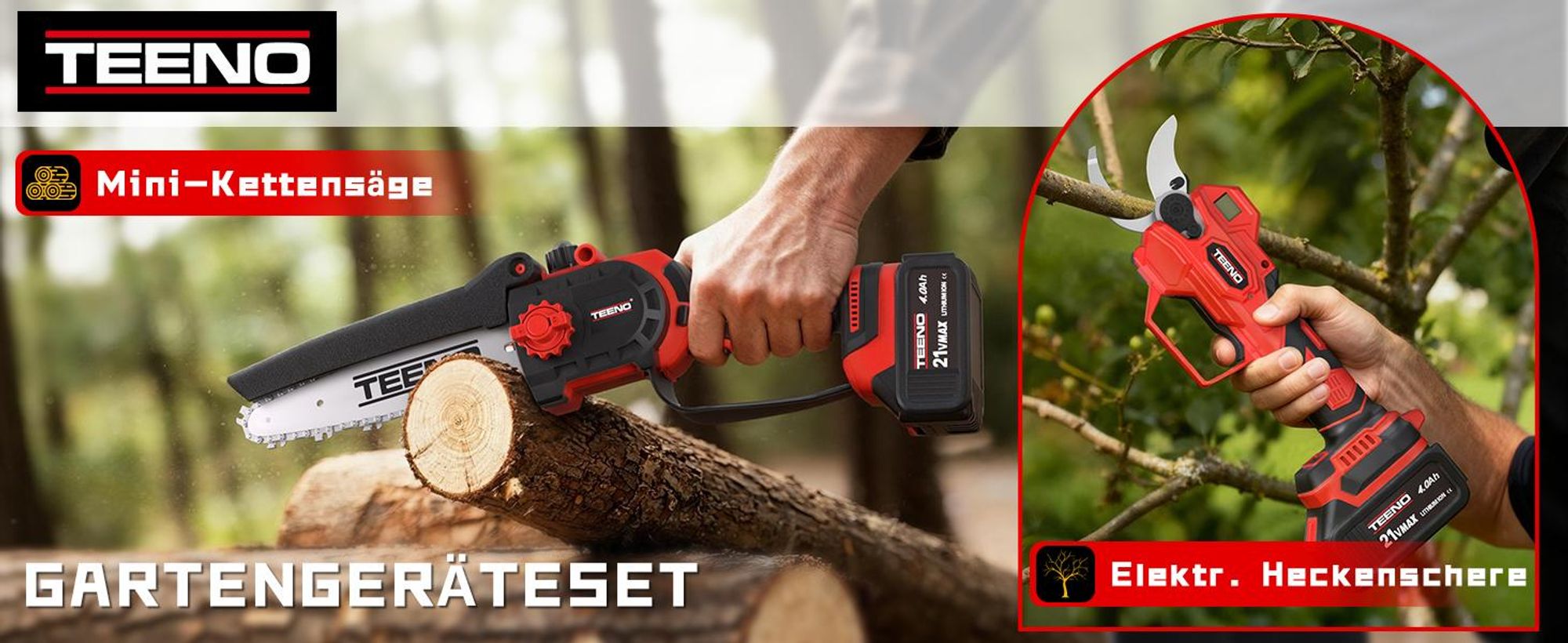 TEENO 2-in-1-Gartenwerkzeug-Set: Mini-Kettensäge mit Akku 6 Zoll + elektrische Gartenschere, kabellos, 0 – 40 mm, 2 x 4,0 Ah Batterien