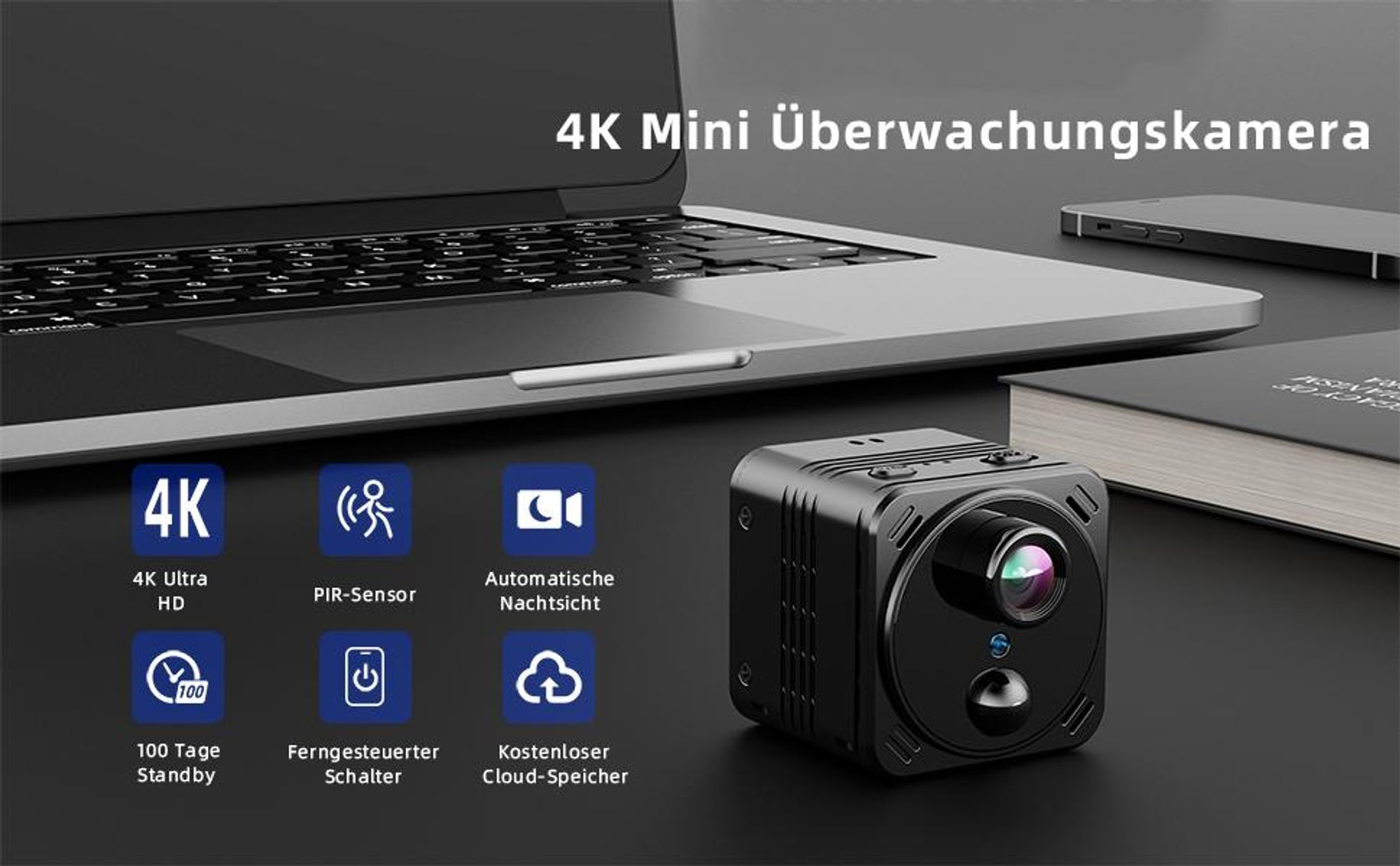 Überwachungskamera Mini, Mini Kamera, WLAN Kamera, 4K WiFi Kamera, App Remote View & Nachtsicht, Langer Akkulaufzeit