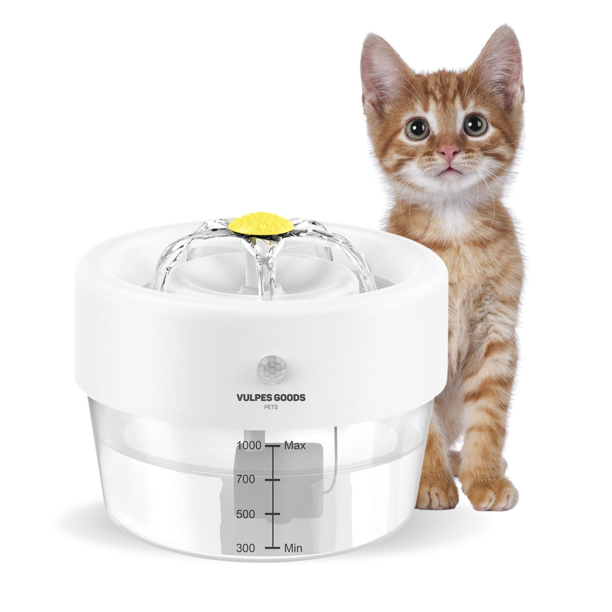 Vulpes Goods Drahtloser Trinkbrunnen für Katzen - 1L | Wiederaufladbar - Katzenbrunnen mit Batterie | 360° Katzen Wasserspender mit Bewegungsmelder