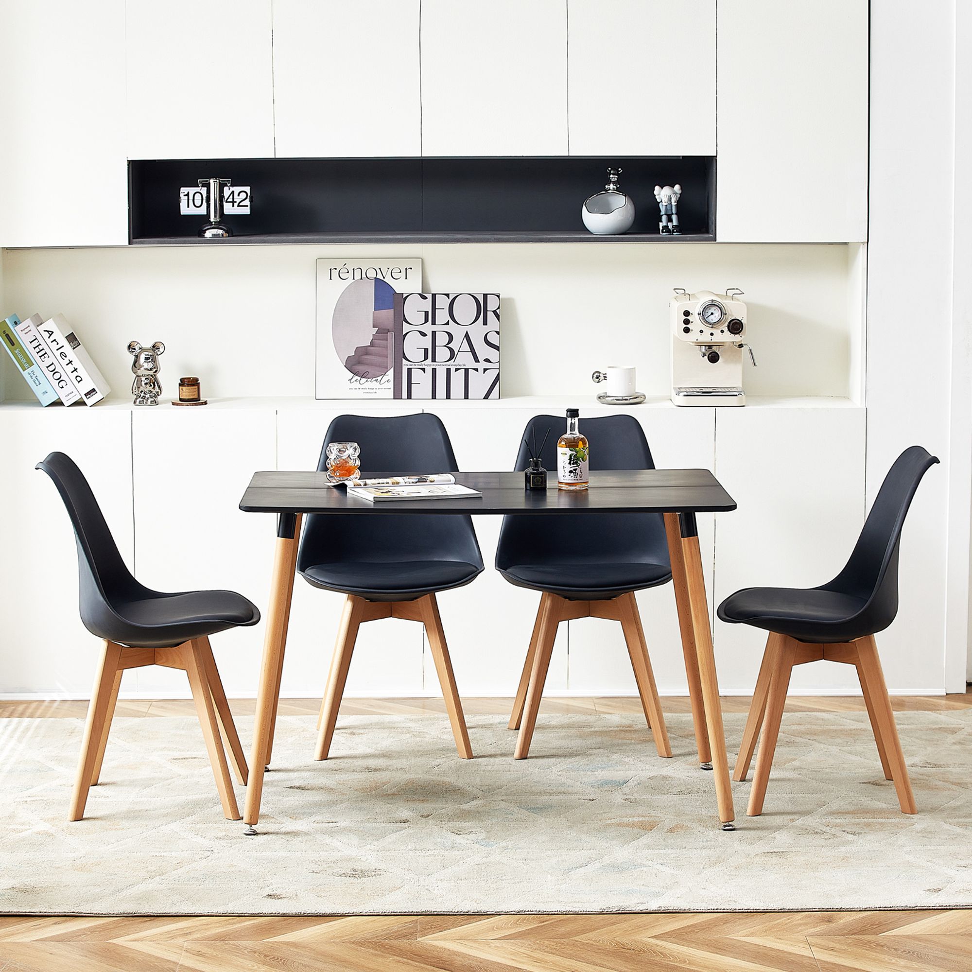 IPOTIUS jídelní stůl, kuchyňský stůl jídelní stůl pro 4 osoby, obdélníkový stůl s bukovými nohami, moderní design, černý, 110x70x73 cm